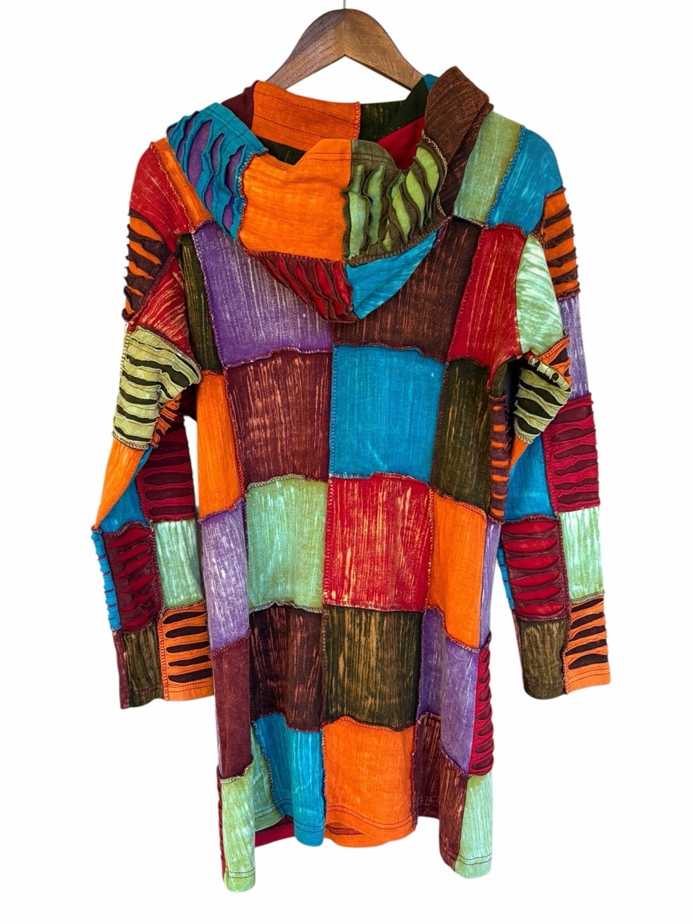 Boho Multicolor Patchwork Razor-Cut Long Hoodie/Jacket - Picture 4 of 5